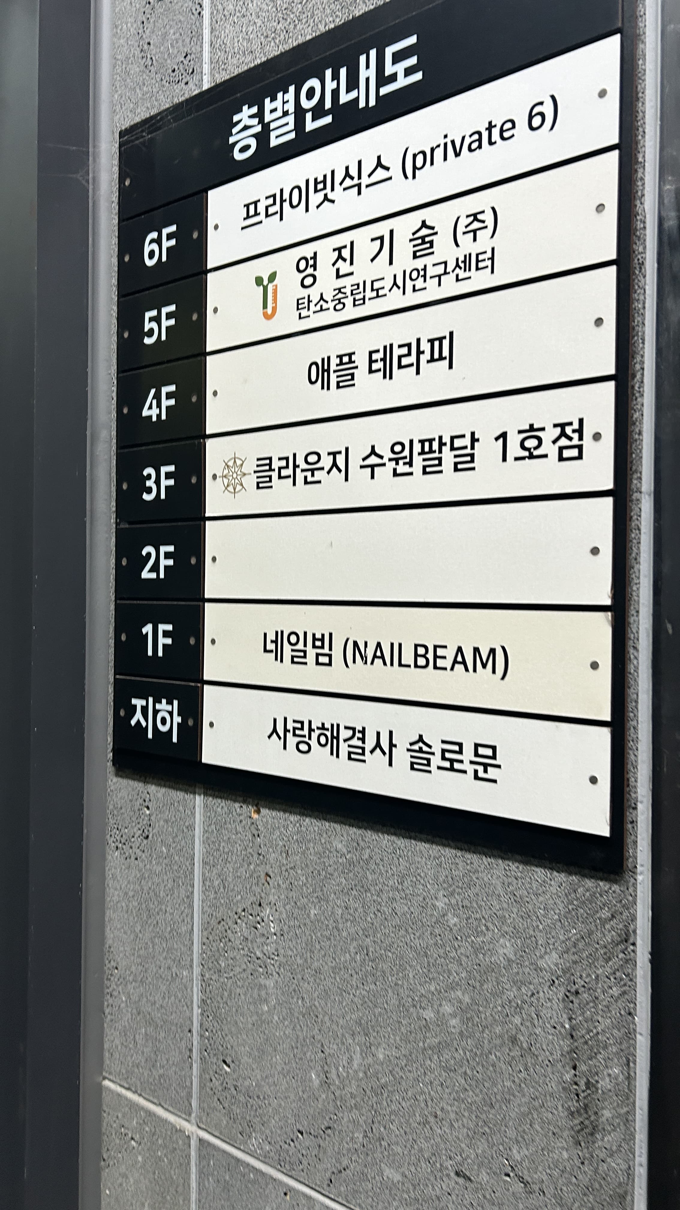 건물 층별 안내도 - 지하부터 6층까지 입점 업체 표기