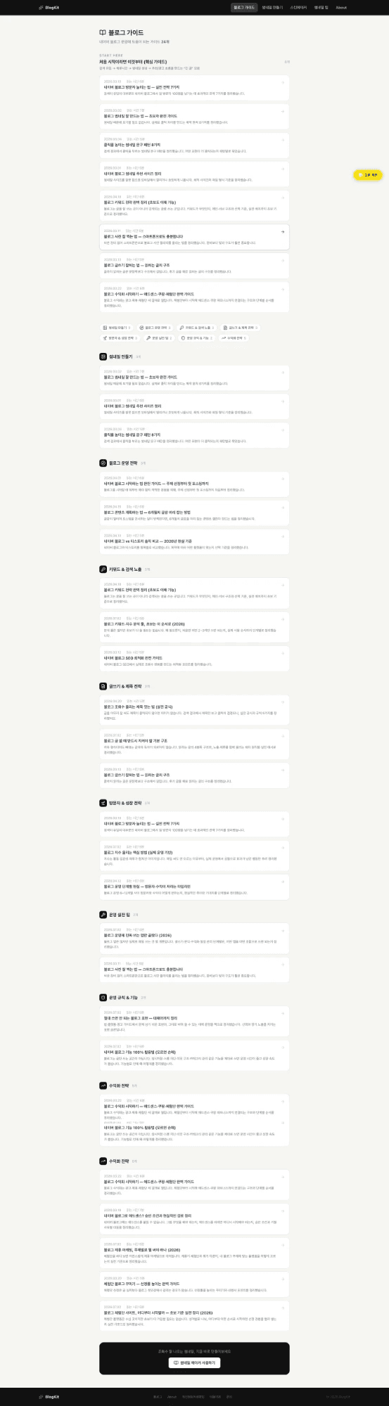 BlogKit 블로그 가이드 페이지 - 카테고리별로 묶인 글 목록